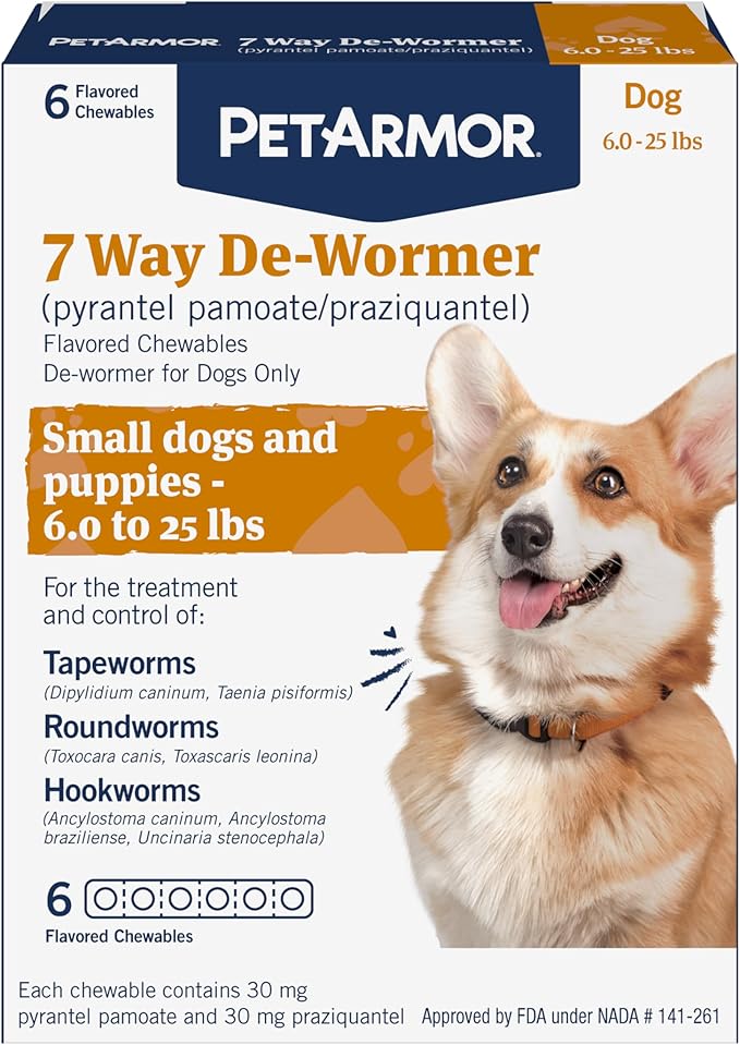 PetArmor 7 Way De-Wormer for Dogs, Oral Treatment for Tapeworm, Roundworm & Hookworm in Small Dogs & Puppies (6-25 lbs), Worm Remover (Praziquantel & Pyrantel Pamoate), 6 Flavored Chewables-Mewly Pet