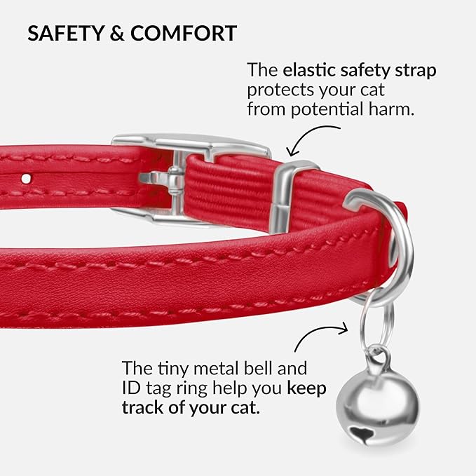 CollarDirect Leather Cat Collar with Bell - Kitten Collar, Small and Big Cat Strap for Boy Cats, Girl Cats with Safety Elastic Strap (Neck Fit 6"-7", Red)-Mewly Pet