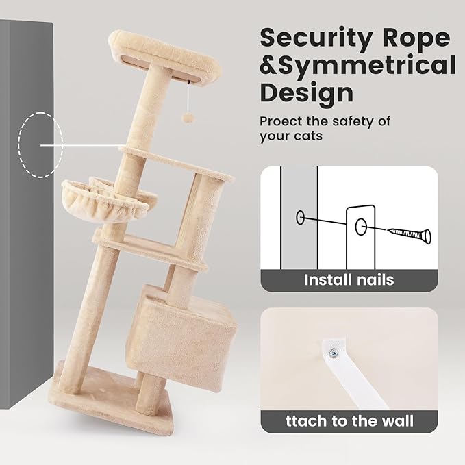 Gardner Pet 65in Heavy Duty Cat Tree Tower for Large Cats, Multi-Level Cat Furniture with Replaceable Sisal Scratching Post, Hammock | Extra-Large Platform & Condo (Beige)-Mewly Pet