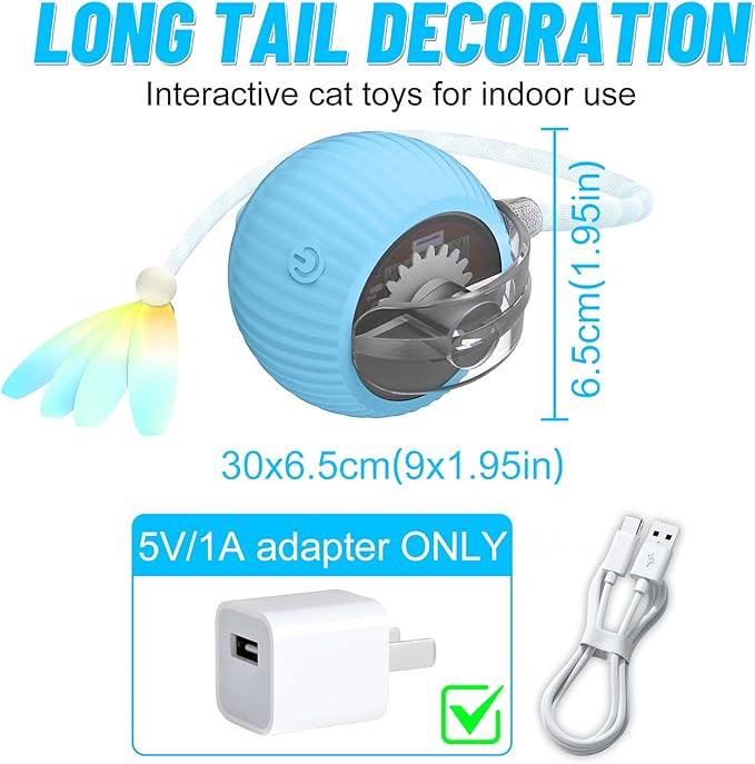 Interactive Cat Toy Ball for Indoor Cats with Mesh Tail & Foils, Automatic Rolling Three Modes Agile Moving Cat Ball to Keep Them Busy Rechargeable, Blue-Mewly Pet