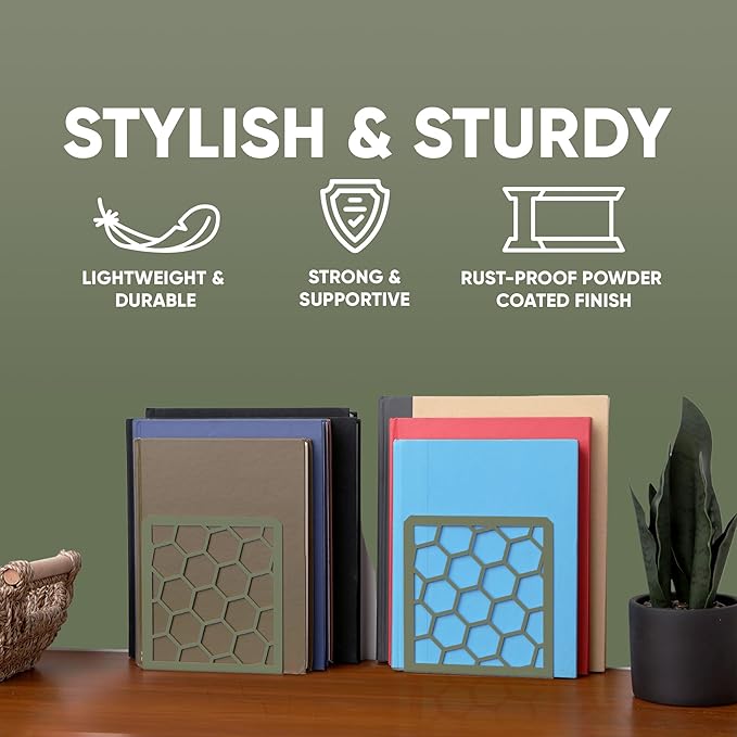 GEOMOD Geometric Honeycomb Sage Metal Bookends Decorative - Tall Sturdy Book Ends for Shelves - Modern Heavy Duty Bookend Stopper - Office or Home Book Shelf Holder - 6x3.25x6.25 Inches-1 Pair