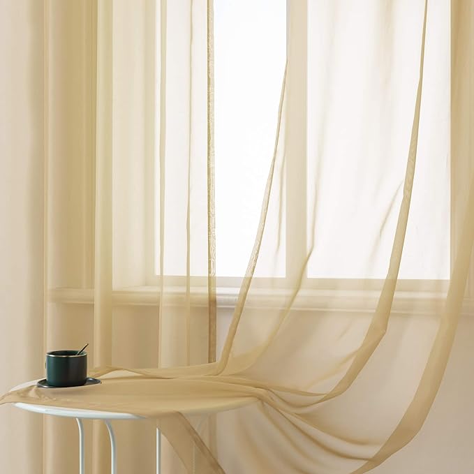 DUALIFE Tan Beige 45 Inch Short Sheer Curtains Grommet,Look Semi Sheer Windows Panels,Elegant Solid Color Touch Soft Drapes, 52X45 Inch for Living Room Bedroom,Set of 2 Panels Natural Taupe