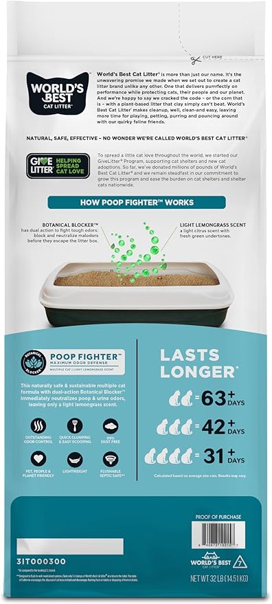 WORLD'S BEST CAT LITTER Poop Fighter Maximum Odor Defense, 32-Pounds - Natural Ingredients, Quick Clumping, Flushable, 99% Dust Free & Made in USA - Long-Lasting Odor Control & Easy Scooping-Mewly Pet