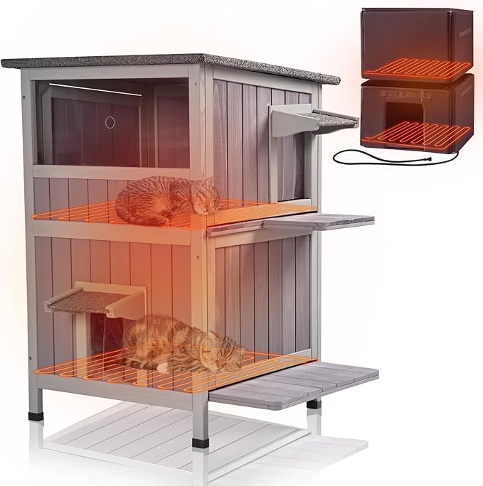 GUTINNEEN Outdoor Heated Cat House for Winter, Weatherproof Wooden Feral Cat Shelter with Escape Door, Heating Pad & Removable Mat(AIR14-Heated)-Mewly Pet