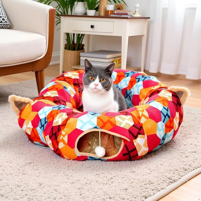 AUOON Cute Cat Donut Tunnel - Interactive Cat Tunnel Bed for Indoor Cats Kitten Kitty Puppy Rabbit Ferret (Orange)-Mewly Pet