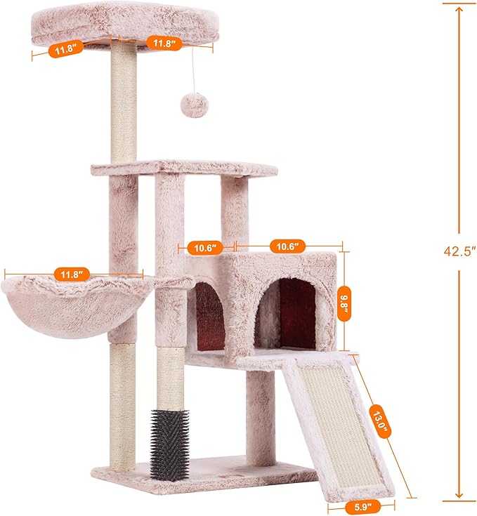 Heybly Cat Tree with Cat Self Groomer Brush, Cat Tower Condo for Indoor Cats with Padded Plush Perch, Cat House with Basket Scratching Board Post, Muchroom HCT005SMU-Mewly Pet