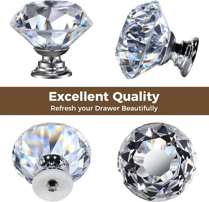 DEELF 12 Packs Kitchen Cabinet Knobs, 40 mm Crystal Cabinet Knobs, Diamond Dresser Handle Drawer Pulls, Dresser Knobs for Cabinets and Drawers, Silver Base