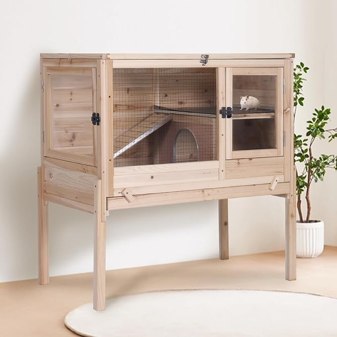 Guinea Pig Cage with Wooden Stand - Hamster Cage, Small Animal Cage Anti Chew Ramp, Hideout, Platform, Pull Out Tray (Wood, L)-Mewly Pet