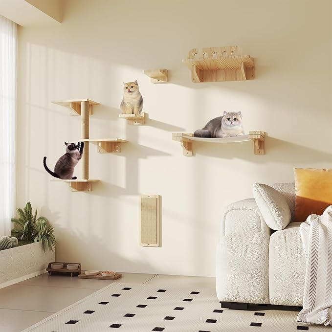 Cat Wall Shelves, Set of 6 Wooden Cat Wall Furniture Includes Scratching Post with 3 Steps, Jumping Platform, Hammock and Scratcher Board for Kittens-Mewly Pet