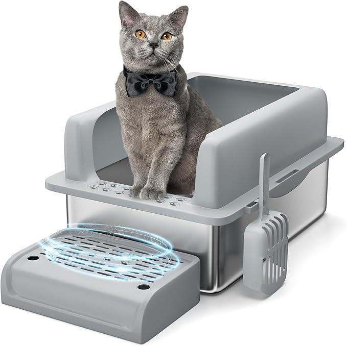 Stainless Steel Cat Litter Box 6 inch, XXL Large Cat Litter Tray with High Side, Platform Step and Scoop for Big Cats Multiple Cats, Easy Clean-Mewly Pet