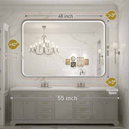 LED Bathroom Mirror with Lights,48x36 Inch Brushed Silver Framed Lighted Vanity Mirror,Anti Fog Stepless Dimmable Wall Mounted(Horizontal/Vertical)