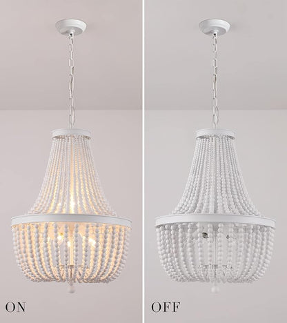 Q&S Beaded Chandelier Farmhouse White Wood Beaded Boho Light Fixture Vintage Antique 8 Lights for Dining Room Nursery Kitchen Foyer Bedroom Living Room UL Listed
