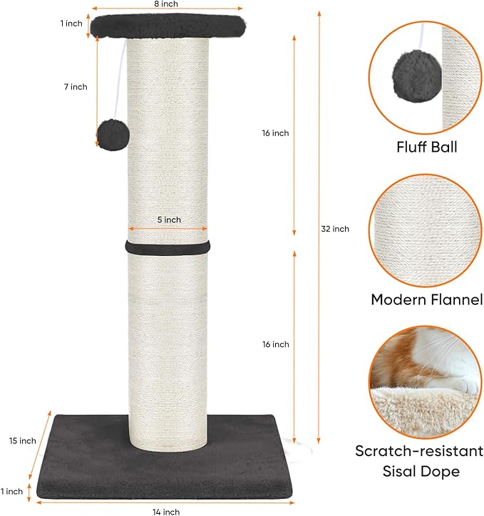 PAWSCRAT Cat Scratching Post 32" Tall, Large Diameter Natural Sisal Cat Scratch Post with Dangling Ball, Scratch-Resistant and Durable Tall Cat Scratcher for Indoor Cats, Protect Your Furniture, Grey-Mewly Pet