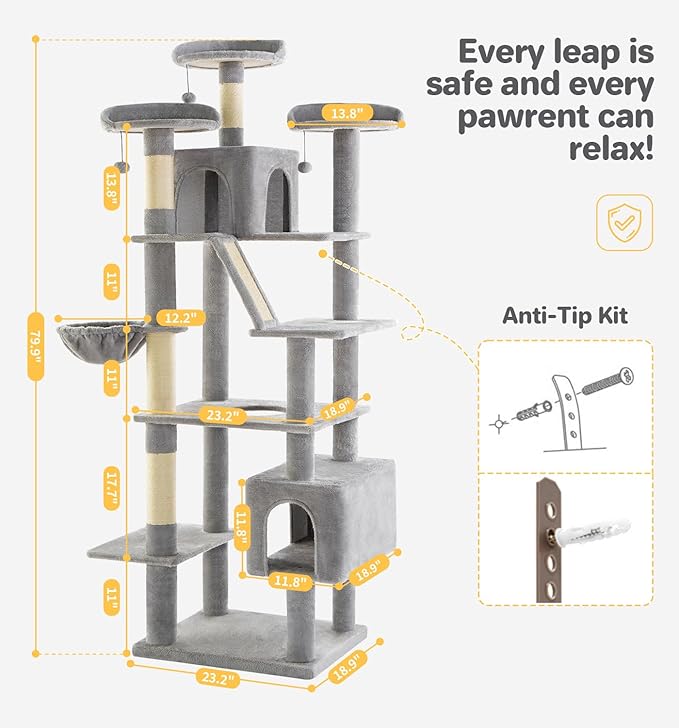 Made4Pets Tall Cat Tree, 80" Cat Tree Tower for Indoor Cats Large Adult, Modern Cat Tower with Scratching Post, Cozy Hammock, 3 Perches and 2 Condos, Sturdy and Fluffy, Light Gray-Mewly Pet