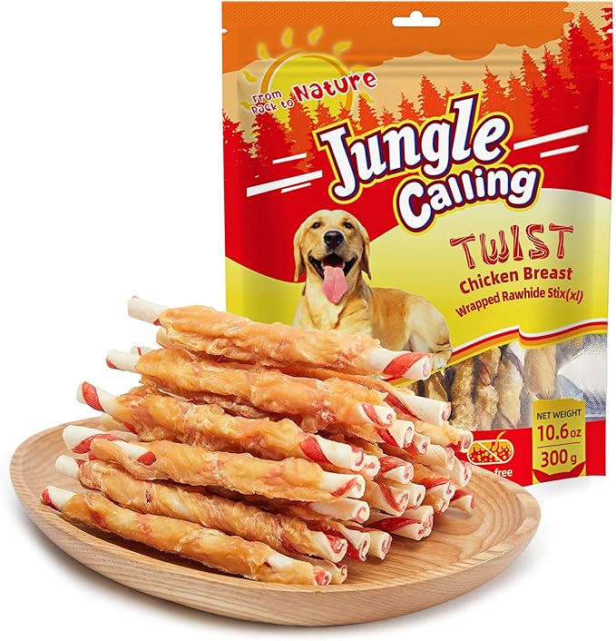 Jungle Calling Dog Treats, Natural Chicken Wrapped Rawhide Sticks, Grain-Free Training Rewards Chews for Small and Medium Puppy,10.6oz-Mewly Pet