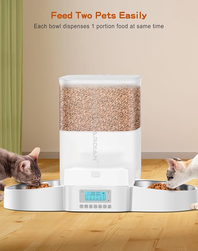 HoneyGuaridan Automatic Cat Feeder for Two,3.5L Cat Food Dispenser with Stainless Steel Bowl,Timed Feeder Programmable 1-6 Meals Control, Dual Power Supply,Desiccant Bag,10s Meal Call-Mewly Pet