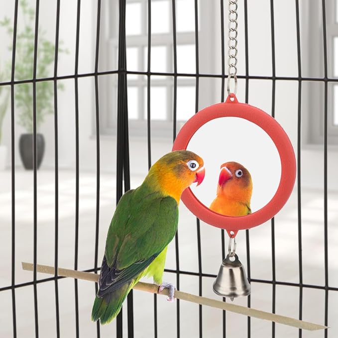 Hypeety Pet Bird Mirror with Bell Interactive Parrot Toy Bird Cage Mirror for Cockatiel Parakeets Canaries Budgie (RED)-Mewly Pet