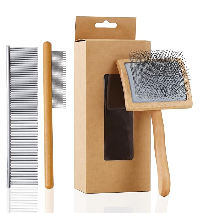 Ergonomic Slicker Brush for Long-Haired Dogs - Wooden Handle, Long Pins for Grooming Goldendoodles-Mewly Pet