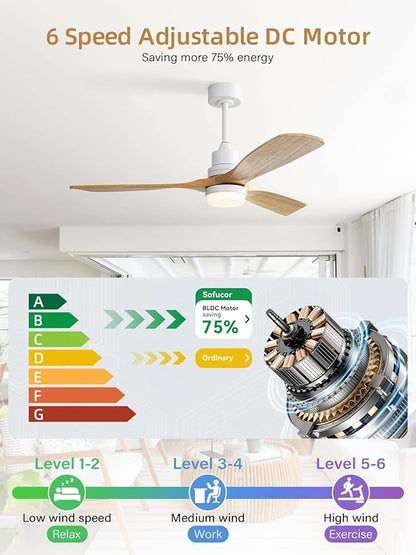Sofucor 52 Inch Smart Ceiling Fans with Lights and Alexa/Google Assistant/APP/Remote Control-Modern Solid Wood Outdoor 3 Blades Ceiling Fan for Bedroom Living Room Indoor Farmhouse Patio, Natural Wood
