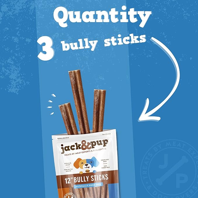 Jack&Pup 12 Inch Bully Sticks for Large Dogs | Thick Odor Free Bully Sticks (3 Pack) Long Lasting Bully Sticks for Dogs-Mewly Pet