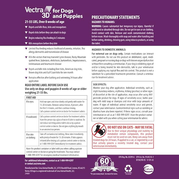Vectra 3D for Dogs Flea, Tick & Mosquito Treatment & Prevention for Medium Dogs (21 – 55 lbs) , 6 month supply-Mewly Pet