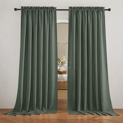 RYB HOME Linen Sheer Curtains for Living Room, Light Filtering Privacy Protection Spring Curtains for Sliding Glass Door, W 52 x L 96 inches, Hunter Green, 2 Panels Set
