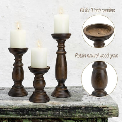 Rustic Wooden Pillar Candle Holders Set of 3, 12'' 9'' 6'' Farmhouse Wood Candle Stand for Table Centerpieces, Vintage Tall Candleholders Fireplace Mantel Decor for Living Room, Dark Brown