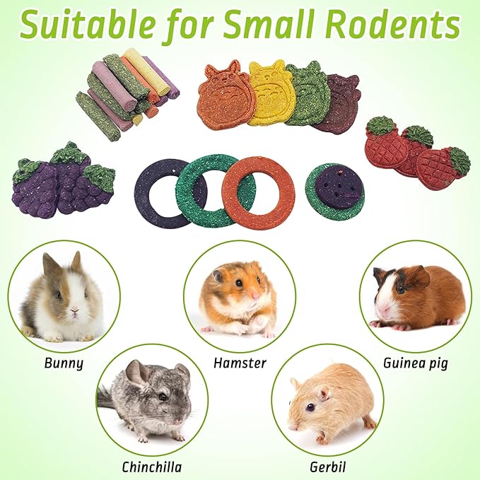 Fhiny 27 PCS Natural Bunny Chew Toys Molar Rabbit Toys Contain Timothy Grass Pumpkin Beets Purple Potatoes Carrot Hamster Treats for Chinchillas Guinea Pigs Mice Gerbils Teeth Grinding-Mewly Pet