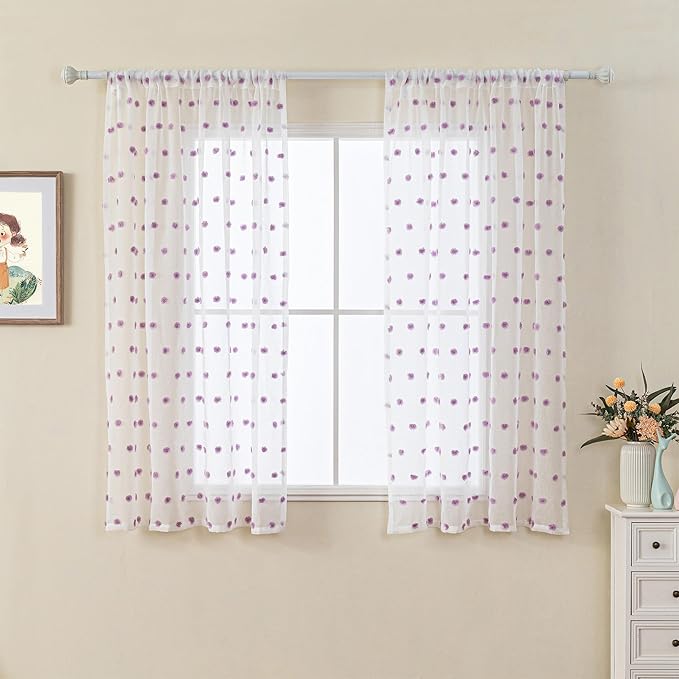 MYSKY HOME Short Curtains for Girls Bedroom Purple Pom Pom White Semi Sheer Curtains Kitchen Bathroom 54 Inches Long Curtains Nursery Boys Kids Room Rod Pocket 2 Panels Small Window 52" x 54"