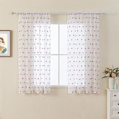 MYSKY HOME Short Curtains for Girls Bedroom Purple Pom Pom White Semi Sheer Curtains Kitchen Bathroom 54 Inches Long Curtains Nursery Boys Kids Room Rod Pocket 2 Panels Small Window 52" x 54"