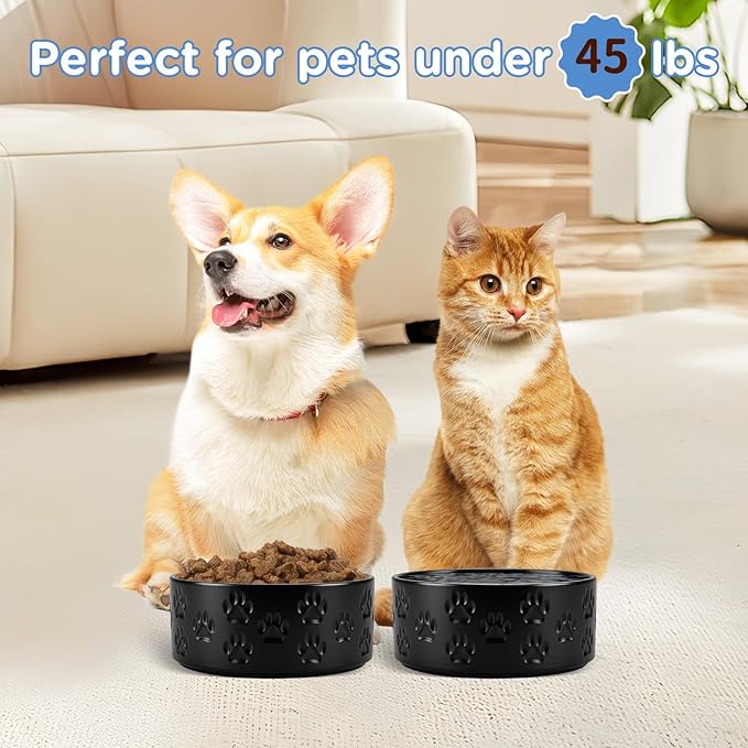 SPUNKYJUNKY Ceramic Dog and Cat Bowls 2 Pack, 6.1'' Dog and Cat Food Water Double Feeding Bowls Non-Slip for Large Sized Breed Microwave Dishwasher Safe - 28.7 OZ, 2pcs, Paw Black-Mewly Pet
