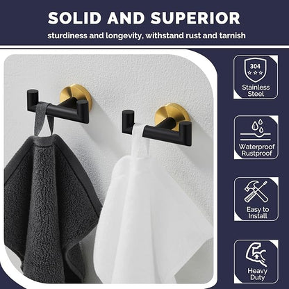 Angle Simple Towel Double Hook Black & Gold, 2 PCS Stainless Steel Bathroom Towel Holder, Dual Robe Coat Hook for Wall