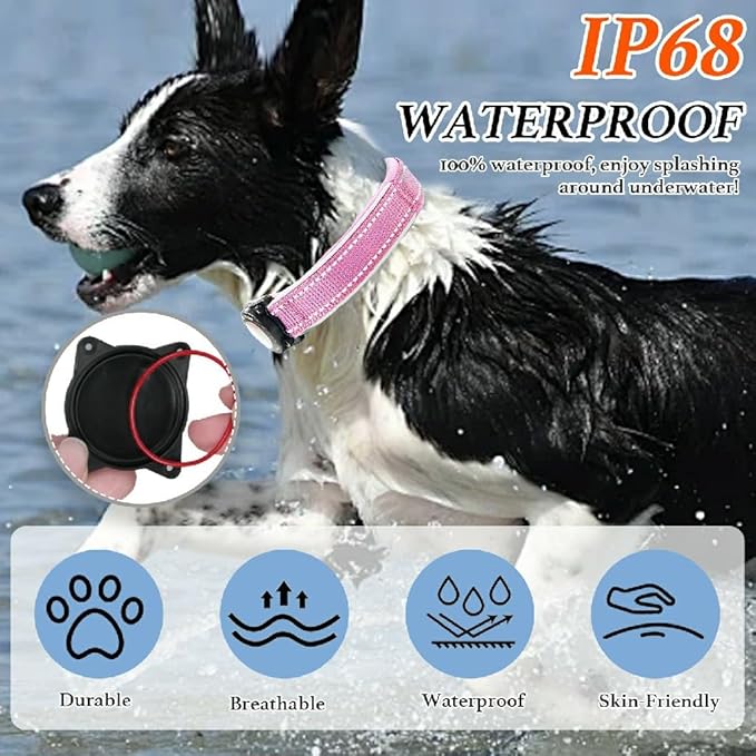 Upgraded AirTag Dog Collar, IP68 Waterproof Dog Collar with Apple Air Tag Holder, Reflective Adjustable Heavy Duty Dog Collars with Soft Padded for Small, Medium and Large Dogs,Pink, S-Mewly Pet