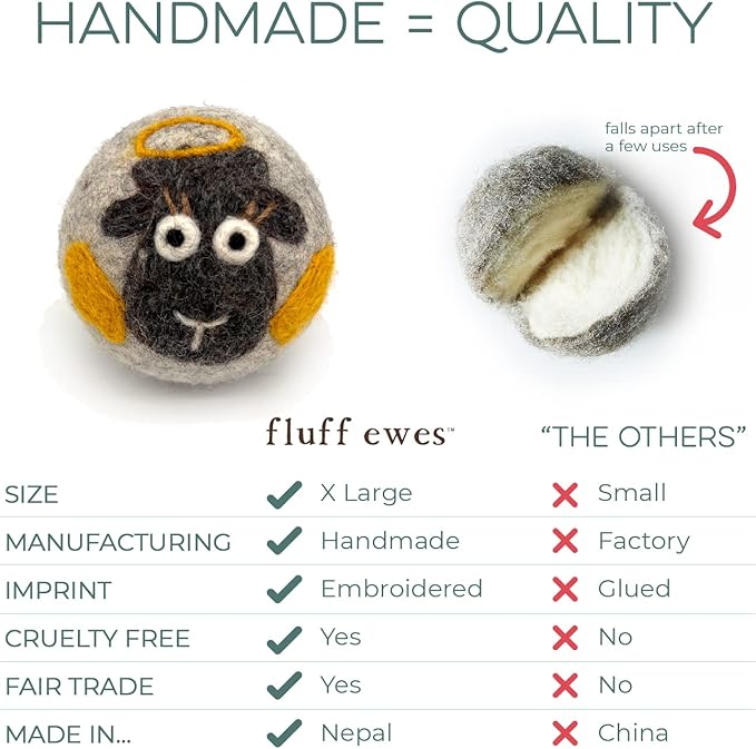 Fluff Ewes Wool Dryer Balls 6 Pack Premium New Zealand Wool Laundry Balls for Dryer, No Static Dryer Balls Laundry Reusable, XL Christmas Dryer Balls, Holiday Dryer Balls - Sheep in Heavenly Peace-Mewly Pet