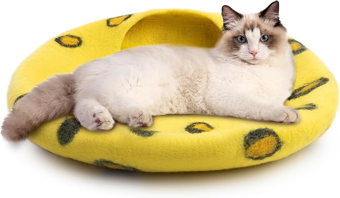 Woolygon Premium Felt Cat Cave Bed - Polka Dot Series - Wool Kitty Beds Handcrafted Kitten Caves Bed for Indoor Cats - Eco-Friendly Merino Wool, Foldable Cat Hideaway Cat Houses Pod-Mewly Pet