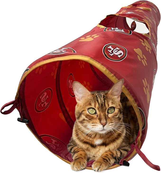 NFL San Francisco 49ers Cat Tunnel Tube Toy with Plush Football Catnip and Feathers Collapsible Tunnel for Cats to Play, Peek and Hide, Sporty & Fun Cat Tunnel Toy with Team Logo All-Over Design!-Mewly Pet