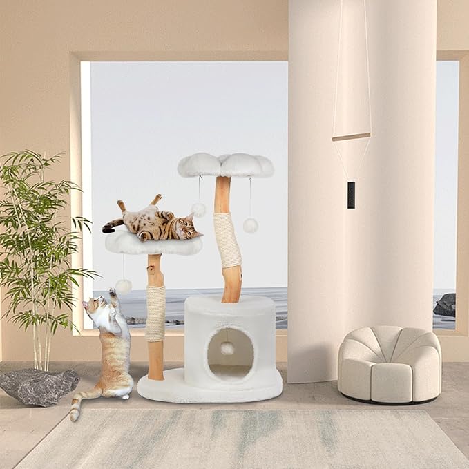 Cute Cat Tree Tower for Indoor Cats Adult, Wood Flower Cat Trees with 6 Pompoms, Modern Cat Tree Tower with Scratching Post, Aesthetic Luxury Cat Condo for Cats Kitten, Alpine White-Mewly Pet