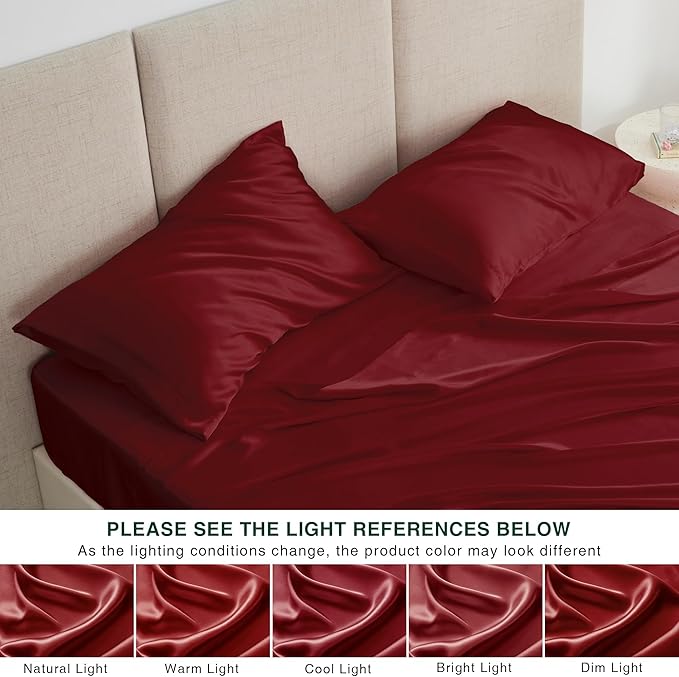 Love's cabin Twin XL Satin Sheet Sets - 3 Piece Burgundy Silky Bed Sheets with Deep Pockets, Luxury Silk Feel Satin Sheet Set Twin XL (1 Flat Sheet,1 Fitted Sheet,1 Pillow case)