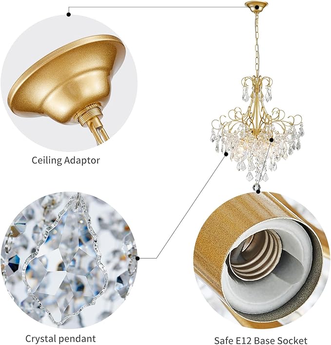 WUZUPS Crystal Chandelier 5-Light Pendant Ceiling Light Modern Lighting Fixture for Dining Room Hallway Bedroom Kitchen Bathroom, H 22.4" x W 18.3", E12 Base, Gold