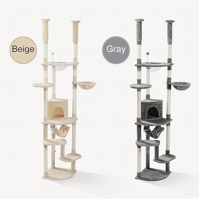 PEQULTI Floor to Ceiling Cat Tree 92.9’’-101.6’’ Height Adjustable Cat Tower Tall Kitty Climbing Play House with Scratching Posts, Cozy Condo, Perches and Large Hammock for Indoor Cats Beige-Mewly Pet