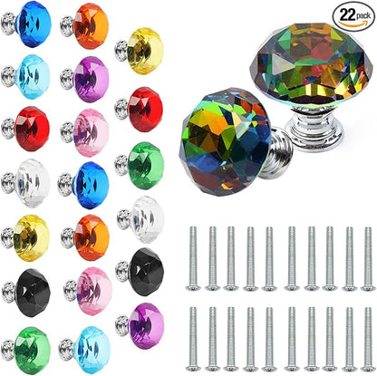 22 Pack Colorful Crystal Drawer Knobs, 30mm Glass Dresser Knobs Cabinet Diamond Shape Pulls Handle for Wardrobe, Kitchen, Bathroom, Cupboard(11 Colors)