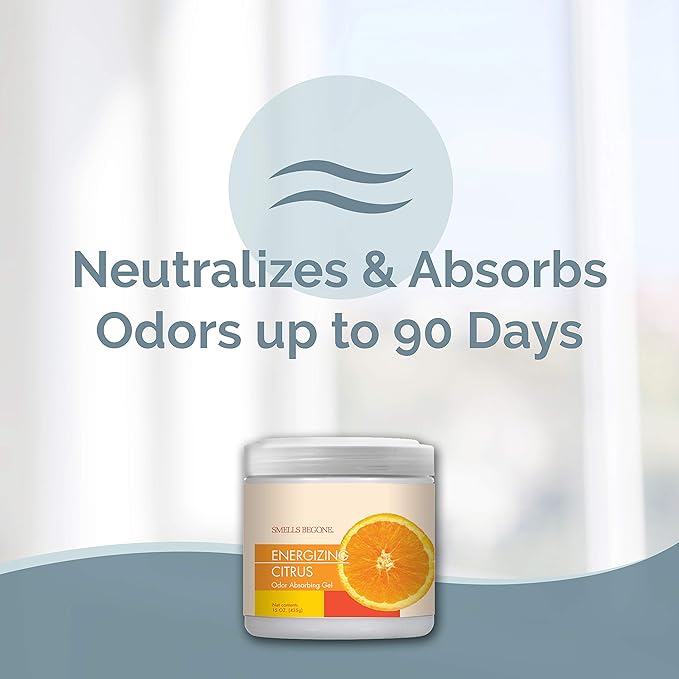 SMELLS BEGONE Air Freshener Odor Absorber Gel - 15 oz, Pack of 2 - Absorbs and Eliminates Odor in Pet Areas, Bathrooms, Cars, & Boats - Made with Essential Oils - Energizing Citrus Scent-Mewly Pet