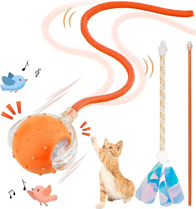 Interactive Cat Toys Ball for Indoor Cats, Automatic Agile Rolling Cat Ball with Elastic Mesh Tail, Bird Chirping & Motion Activated, 2 Tail Accessories, Kitten Toy for Bored (Orange)-Mewly Pet
