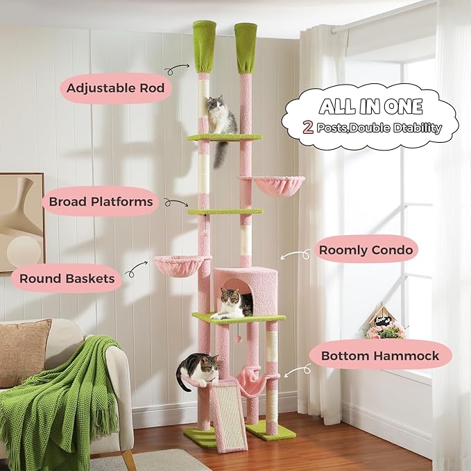 PAWZ Road Pink Cat Tree, Floor to Ceiling Cat Tower with Adjustable Height(85-112 Inches), 7 Tiers Climbing Activity Center with Cozy Hammocks, 5 Platforms and Scratching Posts for Indoor Cats-Pink-Mewly Pet