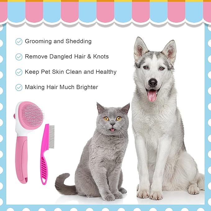 Cat Brushes for Indoor Cats, Dog Brush for Shedding with Metal Cat Comb, Self Cleaning Pet Hair Brush with Release Button for Grooming Kitten(Pink)-Mewly Pet