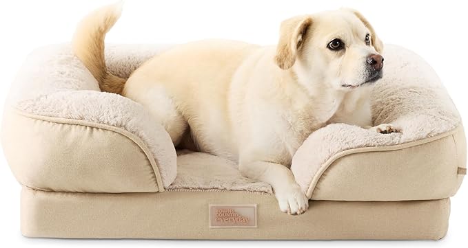 TOWN & COUNTRY EVERYDAY CuddleTown Comfy Solid Bolster Sofa Pet Bed, Supportive & Calming Egg Crate Foam, Non-Slip Bottom, Machine Washable Cover, Beige, Medium 28"x23"x8"-Mewly Pet