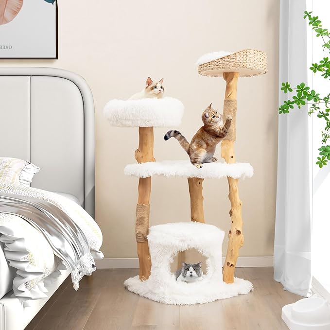 Tangkula Cat Tree Tower, Solid Wood Modern Cat Tower with Top Cattail Basket Bed, Side Perch, Large Platform & Condo, Cute Cat Tree with Scratching Posts for Indoor Cats Large Adult-Mewly Pet