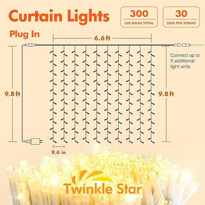 Twinkle Star 300 LED Window Fairy Curtain String Lights, 8 Modes Fairy Lights for Bedroom Wedding Party Home Garden Outdoor Indoor Wall Decorations, Warm White, 2 Pack