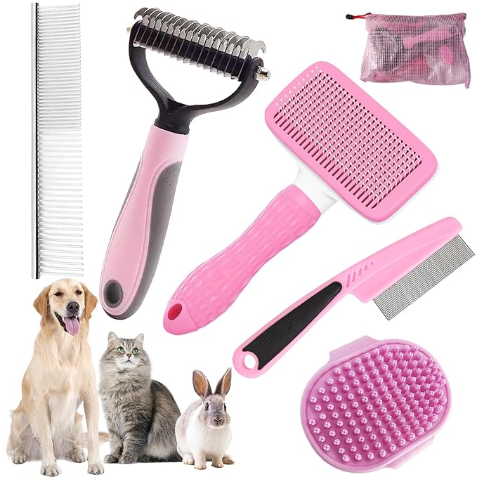 Dog Brush for Shedding,6 PCS in One Pet Slicker Hair Brush Kit Organizer Bag - Dog Cat Grooming Deshedding Undercoat Rake Brush Comb for All Small Large Dogs Cats Pink-Mewly Pet