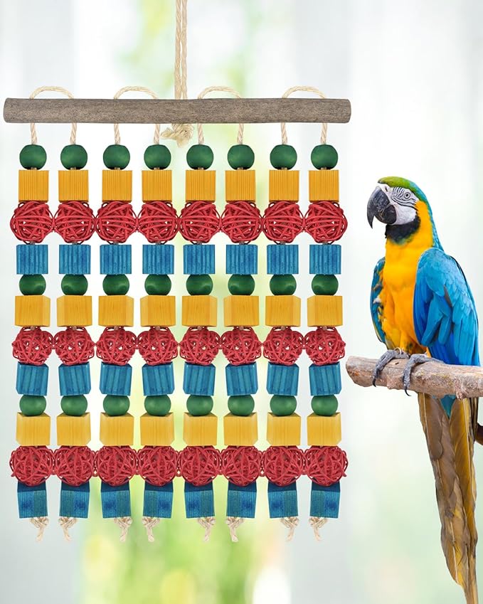 Large Parrot Toys, 17.7 inch Multicolored Natural Wooden Blocks Beads Rattan Balls, Bird Chew and Hanging Tearing Toys for Large Medium Birds Macaws African Grey Cockatoos Amazon Parrots-Mewly Pet